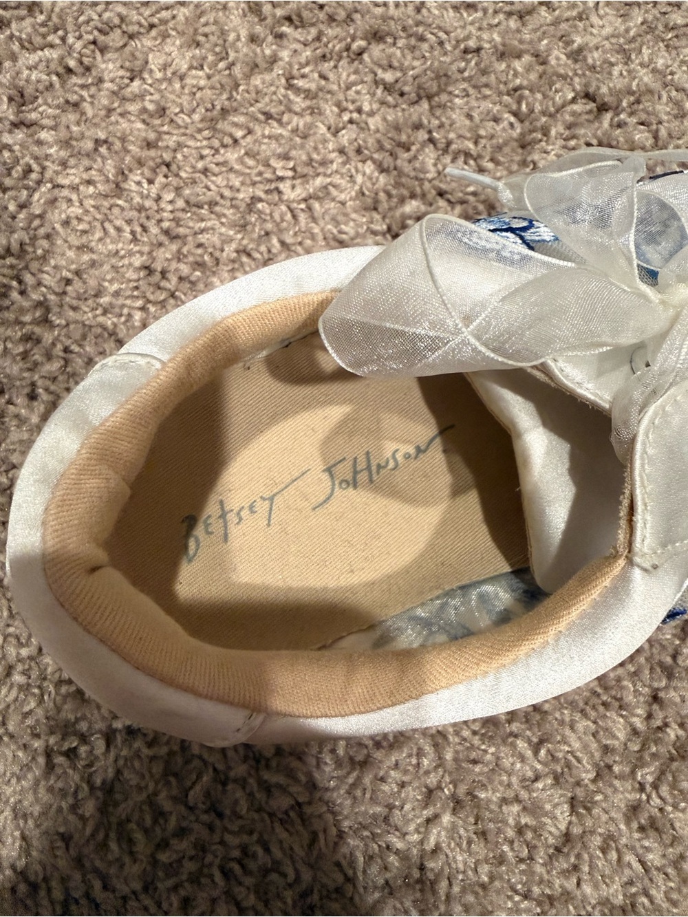 Betsey Johnson White Satin Sneakers with Blue Floral Embroidery - Picture 2 of 3